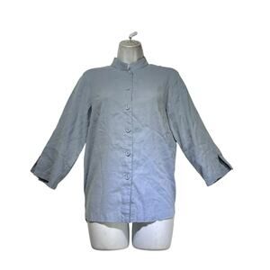 Citron Santa Monica Silk Linen Button Blouse Blue Minimalist Coastal Grandma